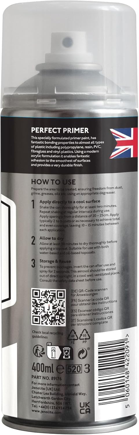 JENOLITE Imprimación en Spray para Plástico | 400ml | Pintura en aerosol para imprimación | Promueve Adhesión | Spray para Automoción, Muebles de Jardín, Maquetas y Otros Plásticos Rígidos