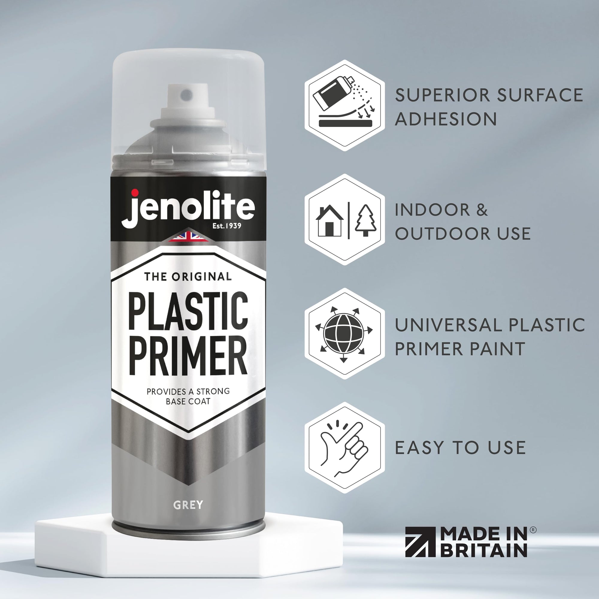 JENOLITE Imprimación en Spray para Plástico | 400ml | Pintura en aerosol para imprimación | Promueve Adhesión | Spray para Automoción, Muebles de Jardín, Maquetas y Otros Plásticos Rígidos
